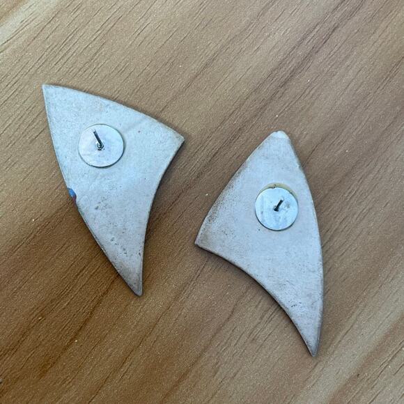 Vintage 80s earrings enamel gold green purple red triangle - Picture 5 of 6